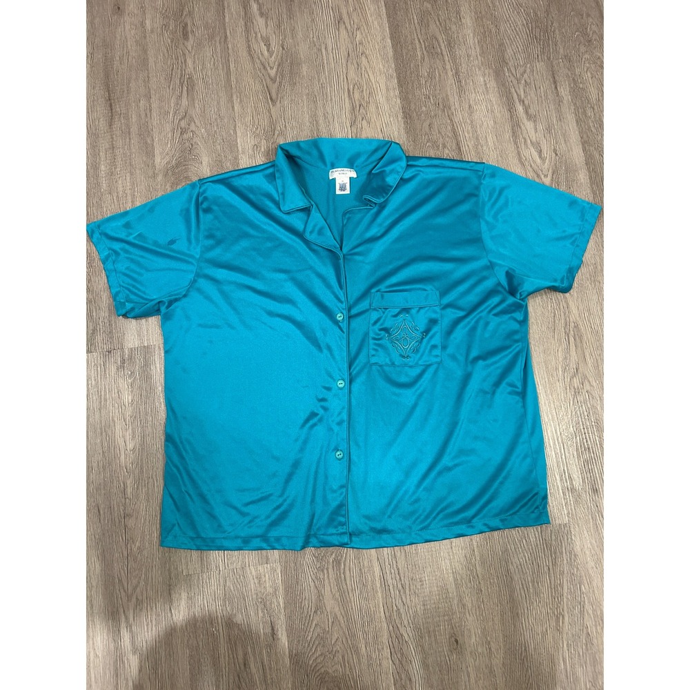 Fundamentals Pajama Top Woman 2X Teal Blue Excellent Silky Button Up Embroidered
